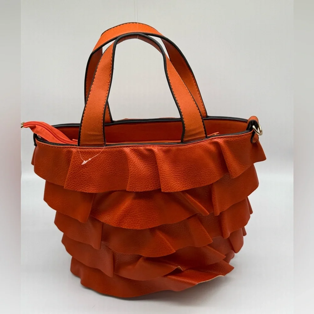 NWOT Orange Ruffle Layered Tote Bag with Handles & Zip - Picture 2 of 11